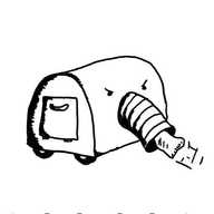 A semi-cylindrical robot with wheels at the bottom on its longer flat side. Has a large suction funnel on the front of the curved side beneath two angry eyes and which is currently sucking up a sock. Its near shorter flat side has a small hinged hatch with a little handle on it.