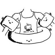 a child (wearing a swimming costume with a picture of Teabot on it) has inflatable armbands and a rubber ring that are actually small robots with little happy faces