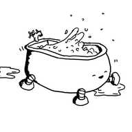 A robot in the form of a deep, free-standing bathtub with four short legs. Its face is at the end without the taps and it's smiling happily with its eyes closed as it dances along with one front leg raised. As a result, the water inside it is sloshing everywhere and there are puddles on the floor around it.