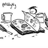 a small spherical robot with a propeller and jointed arms turns the page of a cook book while surrounded by baking carnage, including a whisk, a measuring jug, an open bag of flour and a mixing bowl, all covered in gooey mess.