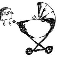 a cubic robot with a propeler on top and thin, flexible limbs, covers its eyes with its hands to entertain a baby represented by a chubby hand emerging from an old-fashioned pram. the robot looks very happy.