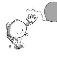A view from above of a balloon, closest to the frame, floating away as a round robot with a jet pack reaches up to grab its trailing string. The robot looks very determined and its pack has two vapour trails leading to the ground where a distressed child is waving their arms.