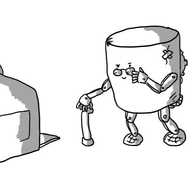 A robot shaped like a tapered cylinder with arms and legs made of bolted-together struts. A cluster of cogs and wires is visible on its back and its casing is scuffed and has a patched-over crack. Its feet are patterned like tartan slippers, it has a walking stick and is peering over a pair of glasses at a fax machine.
