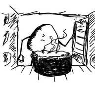 a dome-shaped robot opening an oven door to peer suspiciously at a baking pie inside.