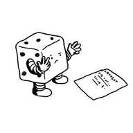 A robot dice, frowning down at a lottery ticket as it counts off on its fingers.