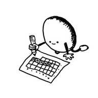 an egg-shaped robot kneeling over a calendar and thoughtfully marking off days with a pencil.