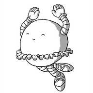 A spherical robot wearing ballet shoes and a tutu, jumping up in the air with its arms raised, eyes closed and a beatific smile on its face.