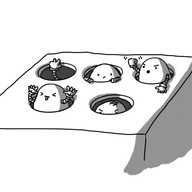 A version of the classic "whack-a-mole" arcade game featuring five round-topped robots as the eponymous critters. They are emerging from a cube with five holes in the top, arranged in two rows, three holes at the back and two at the front. Each robot has banded arms and they're making various faces and gestures: one's sticking out its tongue and waggling its hands at the side of its head, one (which seems to have received a recent bopping) is glaring angrily from within the hole, one is leaning out shaking its fist and one is peeking out uncertainly, its hands gripping the edge of its hole. Finally, one in the back corner is invisible but for one arm, which is extended and making a 'V' gesture.