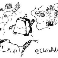 a trapezoid robot with wheels and little arms and an antennae with a crescent moon on it sits next to a sleeping person. one arm is raised, halting swirling images including a house fire, a monster, a burglar, a car crash and an embarrased naked person. the other arm is gesturing forward swirling images of sweets, a lollipop, a beach, a mansion, two people kissing, Teabot and a Christmas tree.