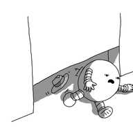 A spherical robot with banded arms and legs, rolling beneath a descending door. A fedora seems to have been displaced during its motion, and is wobbling to a halt on the other side of the door.
