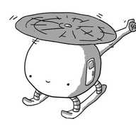 A spherical robot helicopter with a door in one side and a smiley face on the front.