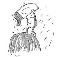 A round robot with jointed limbs balancing atop someone's head in the shower. The water has plastered their hair down and the robot has a bottle of shampoo raised above it, from which it is shaking a few drops, its tongue sticking out in concentration.