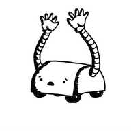 A semi-cylindrical robot with four small wheels on its bottom side and two long, snaking arms on either side, reaching up as if to catch something. Its face on the front looks alarmed.