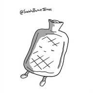 A robot in the form of a hot water bottle with little legs on the bottom and a face in the middle. It appears to be sleeping contentedly with a small smile and closed eyes with tiny visible eyelashes.