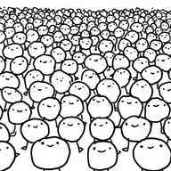 Many, many spherical robots with spindly legs, all lined up together and smiling inanely.