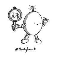 An ovoid robot holding a sign with a picture of a fox on it, beckoning as an antenna on its head flashes.