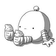 A spherical robot with banded arms and legs an an antenna, sitting on the floor with tiny socks on the ends of its feet, which it is looking at happily.