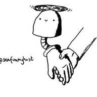 A dome-shaped robot held aloft by a propeller on its top, with one arm hanging from its underside that ends with a large hand. The hand is holding someone else's and the robot is smiling happily.