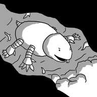 A robot somewhat resembling a mole, with a roughly conical head with large front teeth and four banded limbs ending in large claws. It is proceeding down an evidently subterranean tunnel, darkened and with its rough walls studded with protruding tree roots.