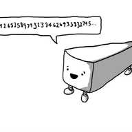 A wedge-shaped robot with three legs - one on each corner - and its face on the wide end. A speech bubble coming from it shows pi to 31 decimal places, and counting...