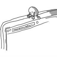 A little ovoid robot straddling the top of a laptop screen and reaching down to cover the webcam lens with one hand. Its expression is one of angry determination. The screen below it displays a browser address bar which reads, "nakedpeopledoingrudethings.com..."