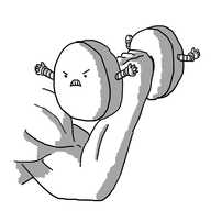 Two robots shaped like either end of a dumbbell, connected by a handle. Each has two little arms on either side and the one with a visible face is baring its teeth angrily. A muscular arm is lifting them.