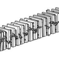 A row of robots in the form of dominoes, all standing up waving their little banded arms. The one on the front is toppling backwards with a panicked expression on its face.