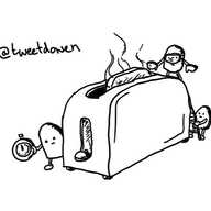 a toaster mid-way through making toast is surrounded by three concerned-looking, round-topped robots. one is looking at a stopwatch, another holds a ladder set up against one end of the toaster that the final robot - wearing safety goggles and large gloves - has ascended to investigate the gently smoking toast.