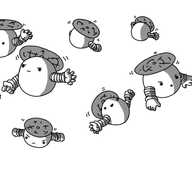 Nine spherical robots held aloft by propellers on their tops, each with two banded arms. They're floating in a group, variously pointing downwards, peering down at the ground or heading off in different directions.