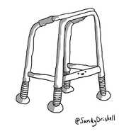 A robot in the form of a walking frame with a face on the low bar at the front and the bottom sections of its legs turned into small robot feet.