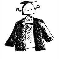 a dome-shaped smiling robot with little banded arms, held aloft by a propeller, with a looped appendage on its underside that forms a triangular coat hanger, from which a jacket is hung.