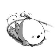 A dome-shaped robot with wheels on the bottom and a coiled antenna. It's making a screeching, 180-degree turn, smoke coming from its wheels, skid marks on the ground behind it. Its face looks panicked.