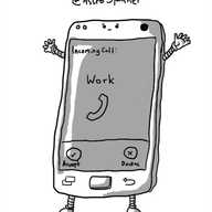 A smartohone with little arms and legs and a worried face above the screen, which shows an incoming call from 'Work'.