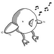 A perfectly spherical robot with a little beak that's open and singing, two flappy wings connected by hinges and flexible banded legs with three-toed feet. The robot looks angry for some reason.