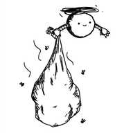 a smiling, spherical robot with banded arms and a propeller on its top, carrying a large bag evidently filled with rubbish - complete with stench lines and a collection of buzzing flies.