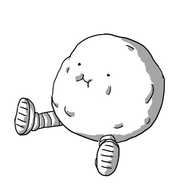 A round robot sitting on the floor that appears to have been stuffed full of things.