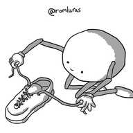 A spherical robot with jointed arms and legs, kneeling on the floor as it happily laces a shoe.