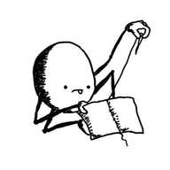 An ovoid robot sitting on the floor with its spindly legs folded around it, holding a piece of fabric in one hand while pulling a needle and thread with the other to stitch a seam across it. Its face has a look of intense concentration with its little tongue sticking out.