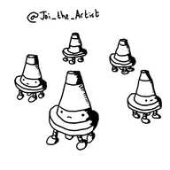 Five robots in the form of little traffic cones, each with four small legs on their undersides. They have serious expressions on their faces.