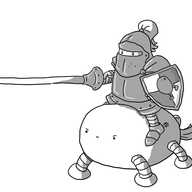 A robot dressed like a knight wielding a lance in one hand and holding a shield in the other. The shield's design is quartered with a picture of an angry-looking Bigbot in the centre, lifting up one of its legs. The robot rides a Horsebot and both steed and rider have expressions of grim determination.