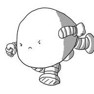 A determined looking, dome-shaped robot with four stumpy legs and two arms. It is pitched forward, in full gallop, its fists clenched.