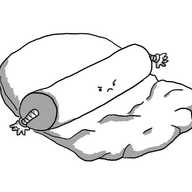 A robot in the form of a rolling pin with arms instead of handles at each end and an angry little face on the front. It's in the process of flattening out some dough, looking balefully at the lumpy section in front of it.