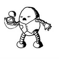 an ovoid robot in a dapper little waistcoat with a panic-stricken look on its face as it stares at a pocket watch it holds in one hand.