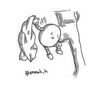 A small round robot sitting balanced on top of a trouser pocket, reaching in with one arm and holding a crumpled tissue in its other hand.