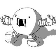 A spherical robot with banded arms and legs, with a large mouth that sports two oversized fangs. It's advancing, arms outstretched with a slightly menacing expression on its face.