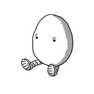 An egg-shaped robot sitting down with a quizzical expression. It has no mouth.