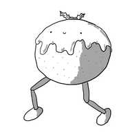 A robot in the form of a traditional Christmas pudding, with a glaze of white icing covering much of its top half. It has two jointed legs and some Hollybots are just visible on its top.