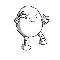 An ovoid robot holding its hands as if making a picture frame and smiling as it raises an eyebrow.