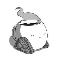A robot in the form of a rounded mug on a pair of triangular caterpillar tracks. It's filled with a dark, steaming fluid, and has fallen asleep, appearing to be gently snoring.