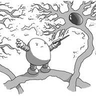 A tiny, tiny round-topped robot with banded arms and legs, angrily waving a conductor's baton around, apparently directing the electrical signals passing between two neurons that hang above it.